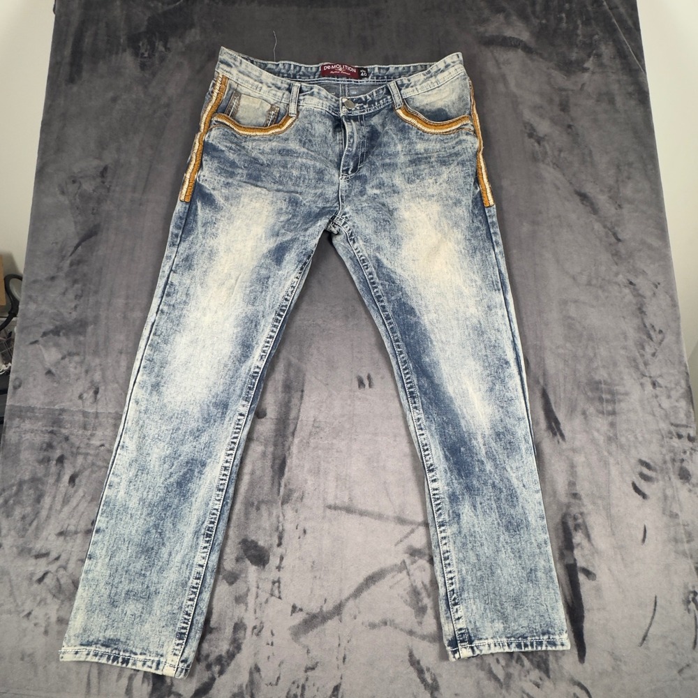 Demolition Jeans Mens Size 40 Blue Acid Wash Embroidered Streetwear Denim